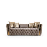 Revelation Button Tufted Sofa with Velvet Fabric and Gold Accent in Taupe