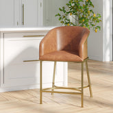 26" Modern Counter Stool, Tobacco Brown Faux Leather & Gold Steel Frame, 1PC