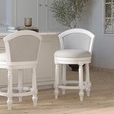 26" Wood Barrel-Back Counter-Height Bar Stool with Swivel and Upholstered Seat and Back, Farmhouse White with Light Gray Seat and Back, 1PC