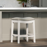 Sanctuary Counter-Height Backless Wood Saddle-Seat Barstool with Nailhead Trim, Farmhouse Whitewash with Gray Upholstered Seat, 1PC