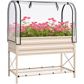 Raised Garden Bed with Legs and Cover, Metal Elevated Planter Box with Bottom Shelf and Liner for Vegetables, Cream