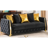 Haven Upholstered Sofa in Black Fabric with Gold Stainless Steel Legs, Foam Cushioning and Sturdy Wood Frame