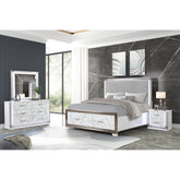 Diary Queen 4-Piece Bedroom Set – LED Upholstered Bed, Marble-Finished Storage, and Metallic Trim for a Sophisticated Contemporary Retreat