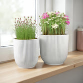 Nebula Accent Planter Set of 2, White Ceramic, Vertical Ribbed Texture