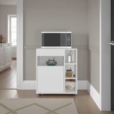 Helen Microwave Cart and Cabinet, Freestanding Compact Sideboard with One Door Cabinet, Appliance Surface, 3 Side Open Shelves and One Open Upper Shelf, White