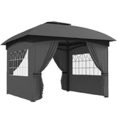 11' x 11' Outdoor Gazebo, Double Roof Patio Gazebo with Curtains, Church Windows, Galvanized Steel Frame, Dark Gray