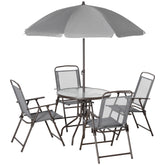 6 Piece Patio Dining Set for 4 with Umbrella, with 4 Folding Dining Chairs & Round Glass Table for Garden, Gray
