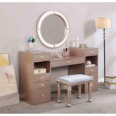 Glam Style 1pc Vanity w/ Padded Stool Set 3mm Mirror Storage Drawers LED On Mirror Tiffany Blush Finish Bedroom Furniture