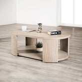 Modern Style 1pc Oval Coffee Table With Attached Casters Rubberwood Structure Open storage Oak Finish