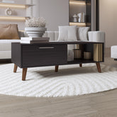 Rhea 47" Wide Coffee Table with One Open Shelf and One pull Down Cabinet Door, Living Room, Storage Black Wengue and Natural Oak