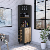 Lyra 70" Tall Corner Bar Cabinet With Four Shelves, Ten Wine Bottle Cubbies and Stemware in Black - Pine