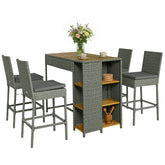 5 Piece Wicker Outdoor Bar Set, Acacia Wood Outdoor High Top Table and Chairs with 3 Tier Shelves, Cushions, Gray