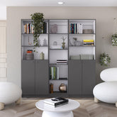 Lyra 3 Piece Home Bookcase set, 67" Wide with 11 Shelves and Two Double-Door Cabinet , Living Room Set Matt Gray / White