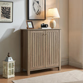 Saturn cabinet storage cabinet entryway cabinet with two doors slat style vented doors metal knob handle four shelves Dark Taupe color