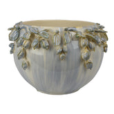 Aura Bowl Planter, White Ceramic with Floral Garland Rim, 12 Inch