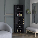 Aura Corner Bar Cabinet with Five Shelves , Eight Bottle Cubbies and Steamware Black