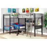 Modern Triple Twin L-shaped Bunk Bed Contemporary Style Corner Design With Workstation Full Metal Construction Silver Grey And Black Silver Finish