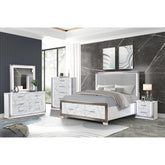 Diary Queen 5-Piece Bedroom Set – LED Upholstered Bed with Footboard Storage, Dresser, Mirror, Nightstand, and Chest in White & Marble Finish with Metallic Accents