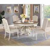Elegant Rustic 5pc Dining Set Round Table 4x Side Chairs Ivory Fabric Upholstered Seat Antique White