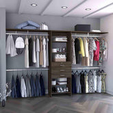 Clytemnestra 69"W - 118"W Drawers Closet System, Five Shelves, Four Hanging Rods, Three Drawers -Dark Walnut