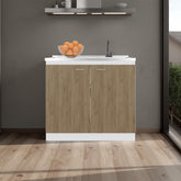 Pulsar Utility Sink with Faucet Inclued and Integrated Stainless Steel Counter top, Freestanding cabinet with two doors, Metal Handles and Two interior shelves, Natural+White