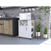Cosmos Microwave Pantry 29" H, Single Door Cabinet, One Open Shelf, Three Side Shelves, White
