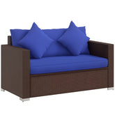 Wicker Loveseat, Patio Furniture Couch with Cushions, 2 Seat PE Rattan Sofa, 2 Throw Pillows, Blue