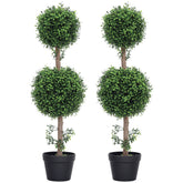 Set of 2 Artificial Ball Boxwood Topiary Trees, Fake Plants in Pot for Indoor Outdoor Living Room Green