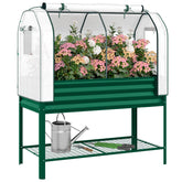 Galvanised Raised Garden Bed with Greenhouse Cover, Metal Elevated Garden Bed with Bed Liner, Bottom Shelf, Green