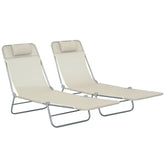 2 Piece Sun Loungers, Folding Chaise Lounge Chairs with Reclining Back, Breathable Mesh Seat, Headrest, Cream White