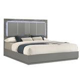 Sonata Queen Bed – Two-Tone High-Gloss Marble & Lacquer Finish with LED Lighting, Metal-Finished Legs- Gray