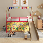 Agamemnon Metal Junior House Twin Loft Bed with Slide and Curtain Set, Super Hero Color Gold and Red