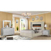 GENESIS Upholstery Wooden Queen 4 PC Bedroom set with Ambient lighting in Beige Velvet Finish