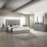 Sonata Queen 4-Piece Set – Two-Tone High-Gloss Marble & Lacquer Finish with LED Lighting, Metal-Finished Legs- Gray