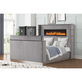 Mercury Modern Style Queen Bed Made with Fireplace in Headboard & TV stand in Footboard with Wood in Grey