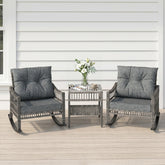3 Piece Outdoor PE Rattan Rocker Chair Set, Rocking Chair with Tempered Glass Table Top, Gray