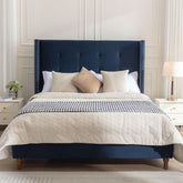 Helen Upholstered King Bed / 54" High Headboard / Traditional Hand Buttoned Tufting / Nailhead Trim Wingback / No Box Spring Needed / Easy Assembly / Blue Velvet