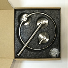 Brushed silver 304 stainless steel bathroom set with towel ring, robe hook, and holder in box.