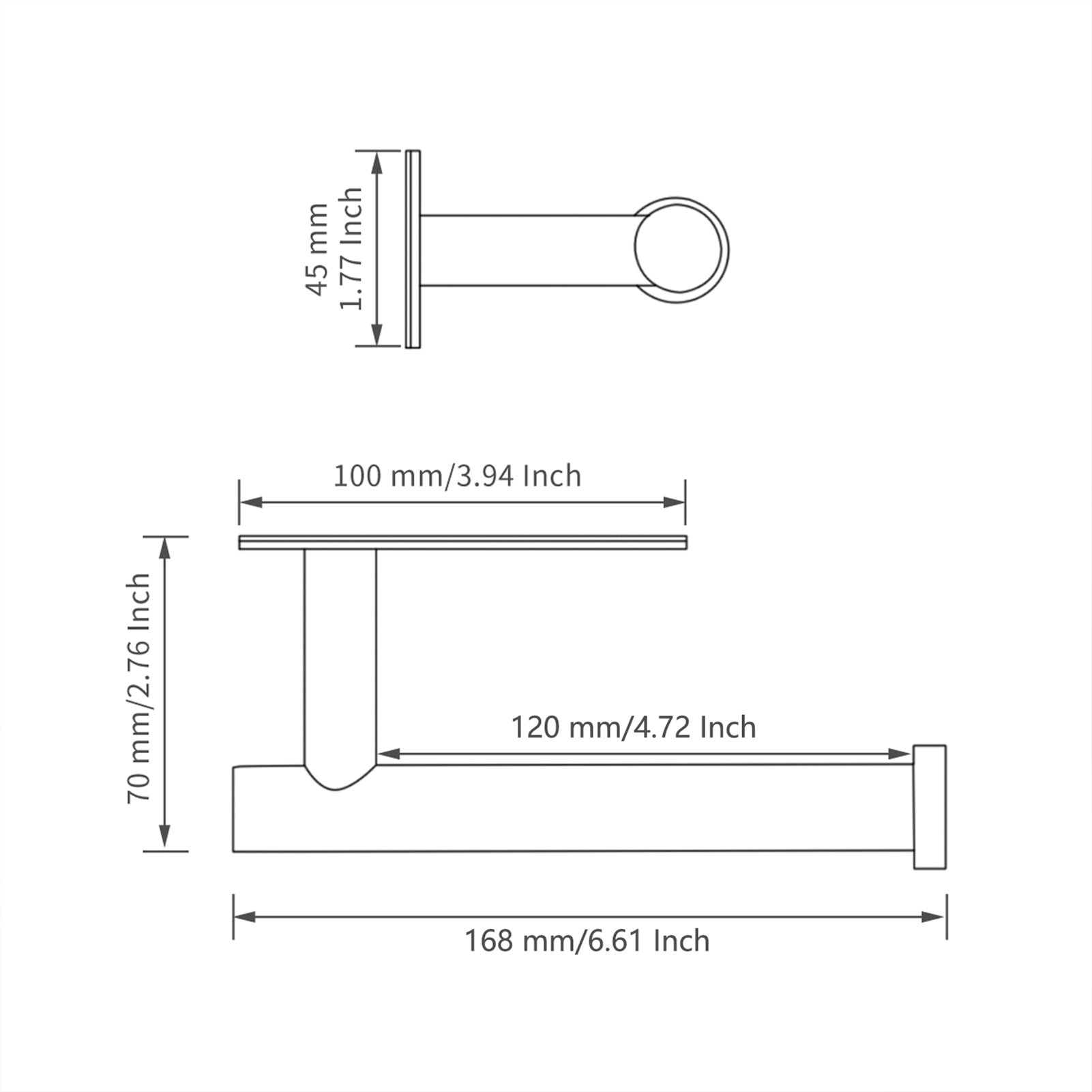 Black 304 stainless steel adhesive toilet paper holder with dimensions shown.
