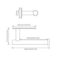 Black 304 stainless steel adhesive toilet paper holder with dimensions shown.