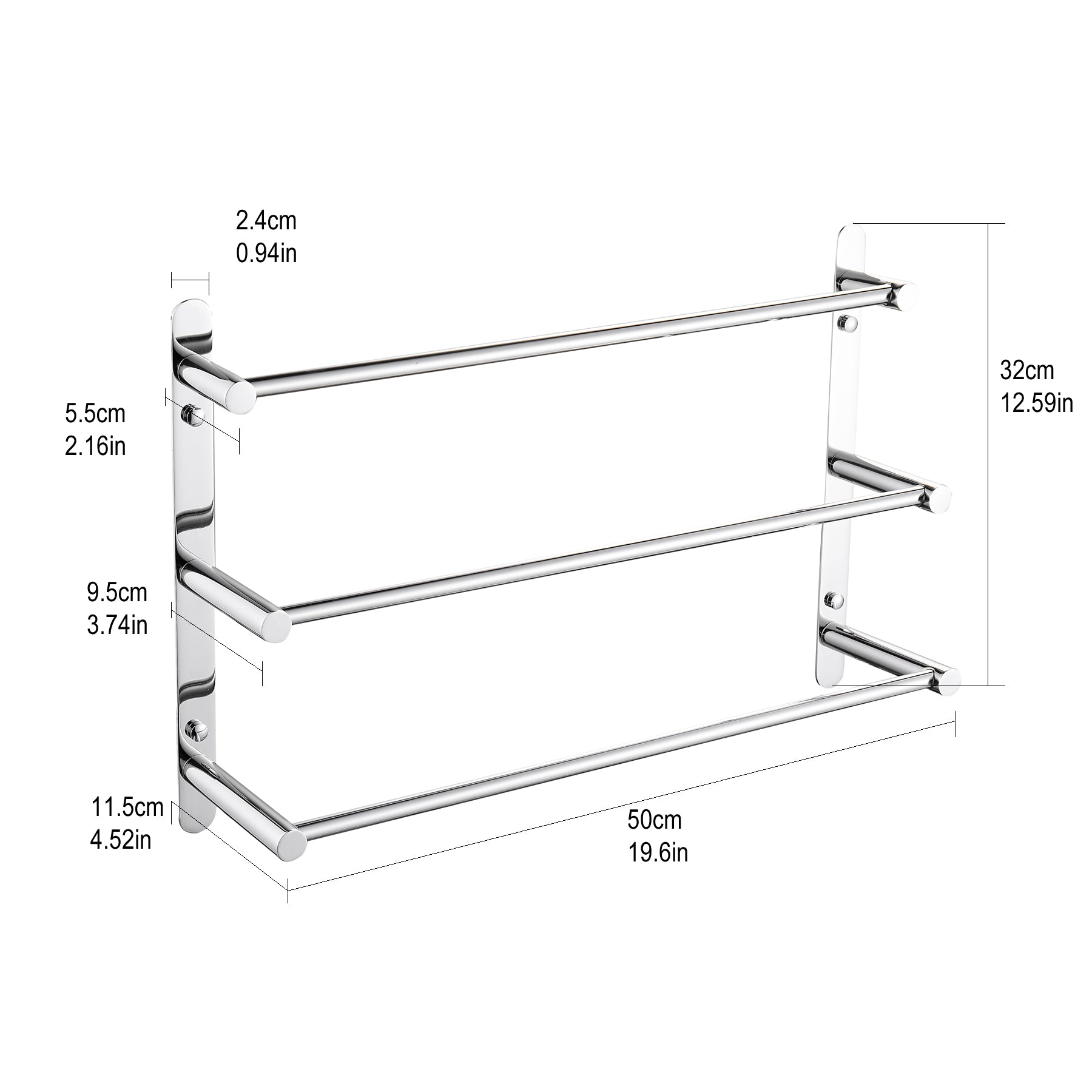 Wall-mounted 3-layer stainless steel towel rack, mirror polished, 19.6 inches wide.