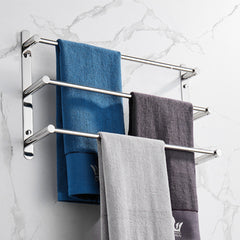 Wall-mounted 3-layer stainless steel towel rack with mirror-polished finish, 19.6 inches wide, holding three towels.