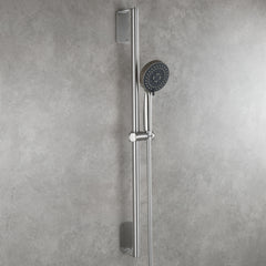 Adjustable brushed nickel shower set with lengthened bar and handheld head.