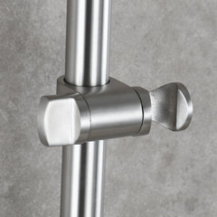Brushed nickel adjustable shower set with lengthened rail and sliding head.