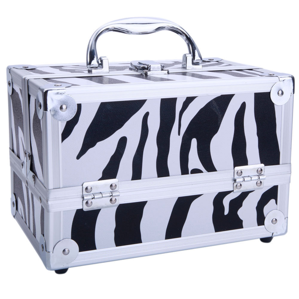 White zebra print aluminum makeup case with handle, mirror, and compartments.