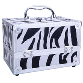 White zebra print aluminum makeup case with handle, mirror, and compartments.