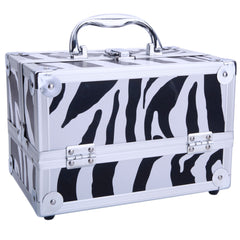 White zebra print aluminum makeup case with handle, mirror, and compartments.