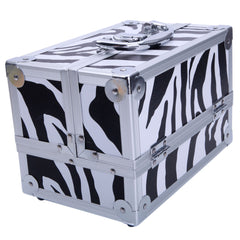 Aluminum makeup case in white zebra print with mirror and handle.