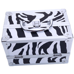 Aluminum makeup case in white zebra print with handle and mirror.