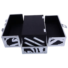 Open aluminum makeup case in white zebra print with mirror and compartments.